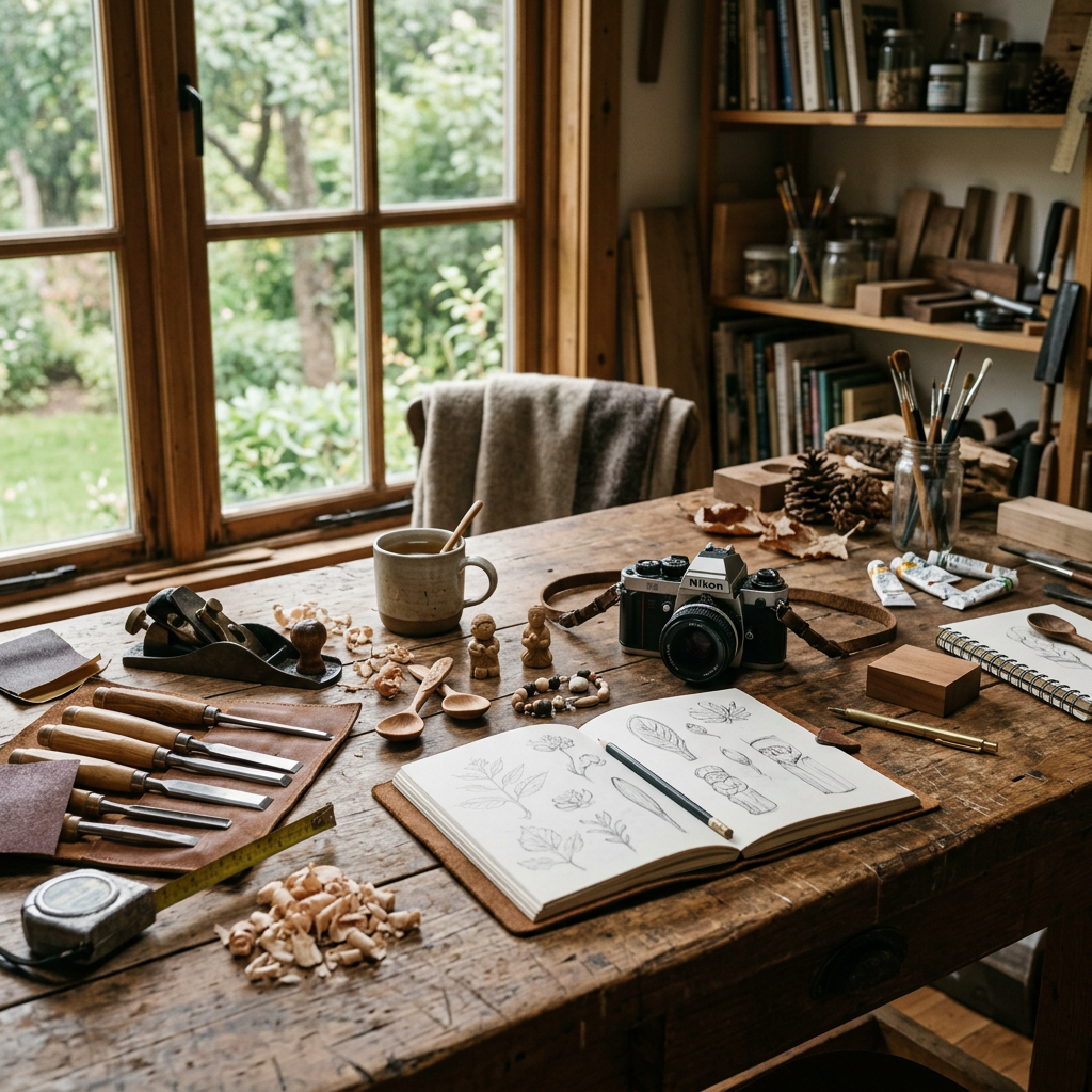 Woodworking table with hand tools, sketches, camera, coffee, and garden view